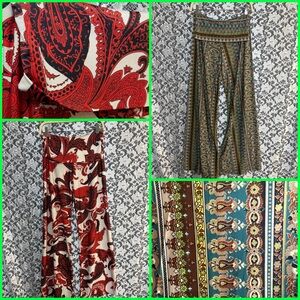 2 pairs same pants different patterns slinky poly spandex fold over wide leg